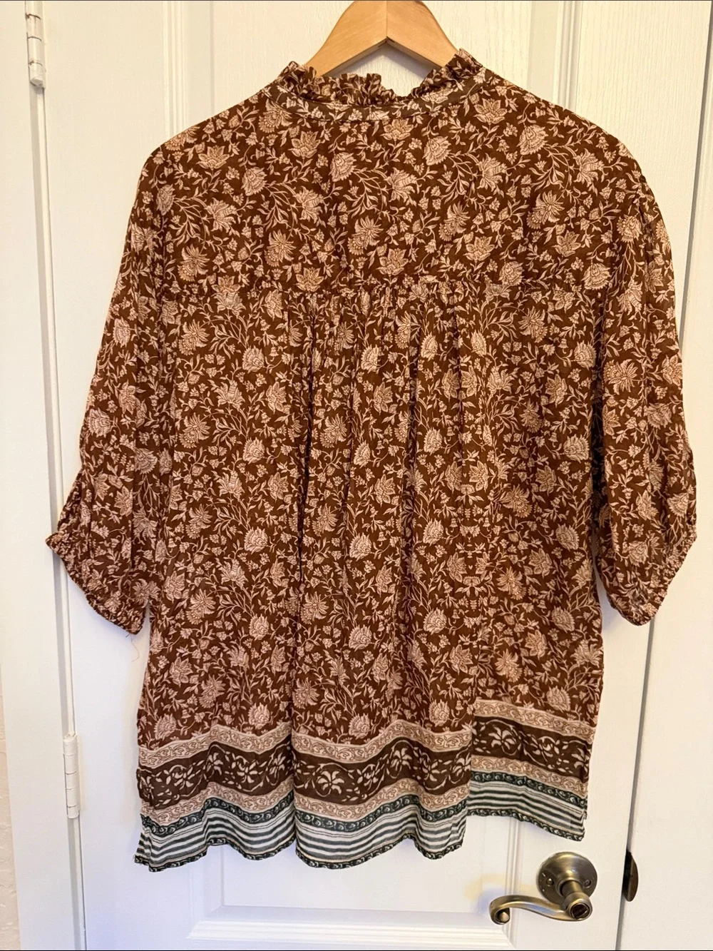 Free People Brown Floral Border-Print Tie-Neck Blouse